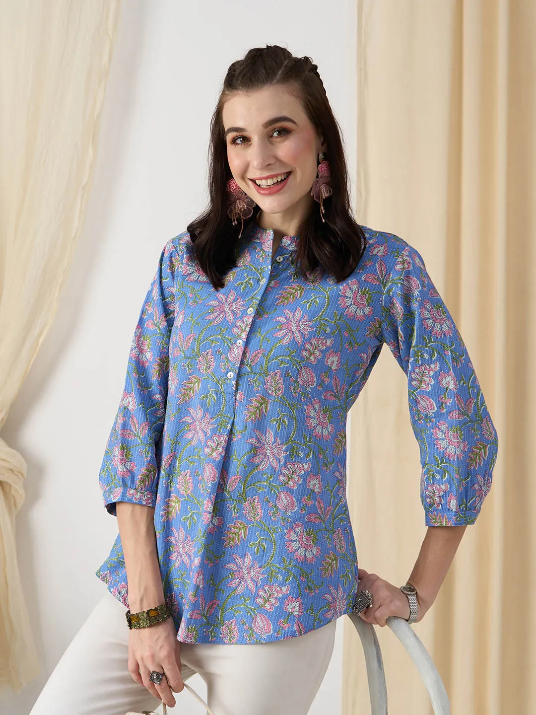 Exclusive Cotton Blue A-Line Tunic With Kantha work & Kalamkari Print For Women - ZOLA