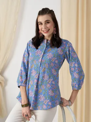 Exclusive Cotton Blue A-Line Tunic With Kantha work & Kalamkari Print For Women - ZOLA