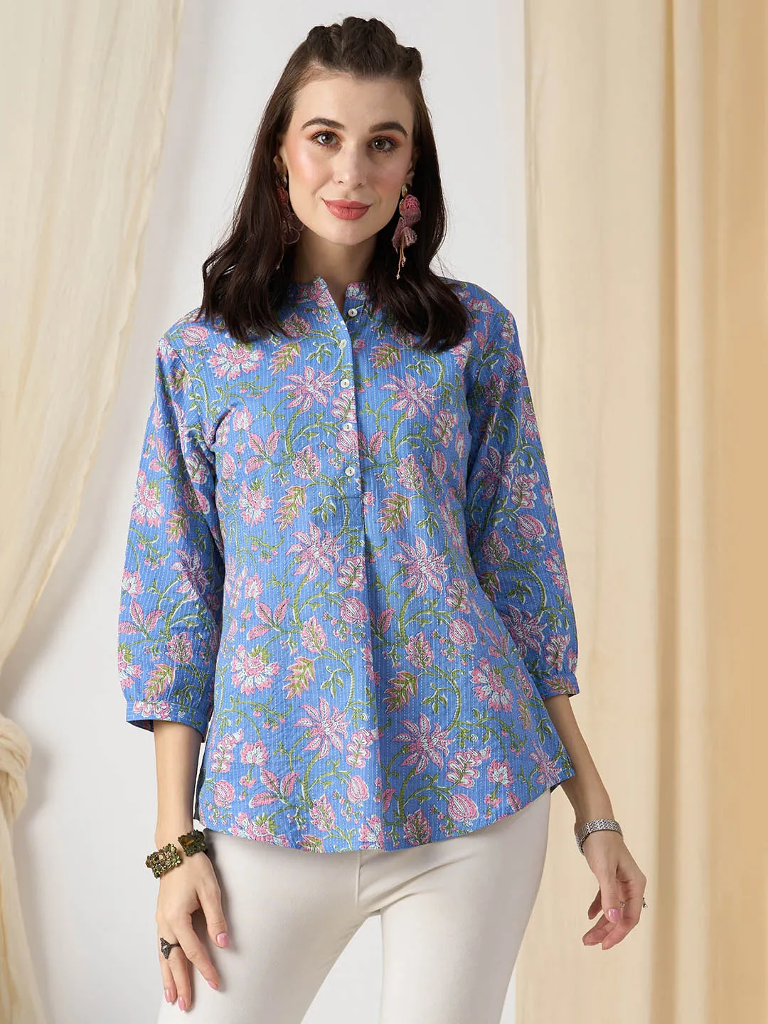 Exclusive Cotton Blue A-Line Tunic With Kantha work & Kalamkari Print For Women - ZOLA