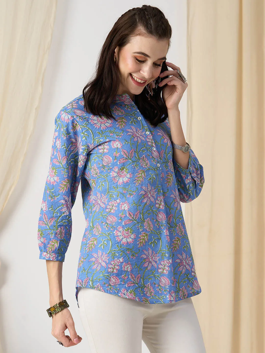 Exclusive Cotton Blue A-Line Tunic With Kantha work & Kalamkari Print For Women - ZOLA