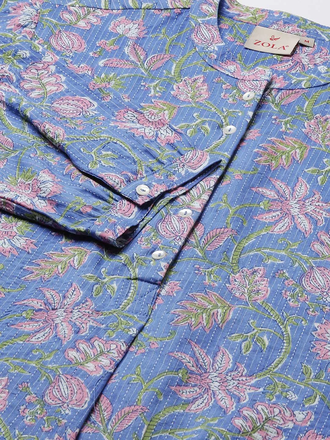 Exclusive Cotton Blue A-Line Tunic With Kantha work & Kalamkari Print For Women - ZOLA
