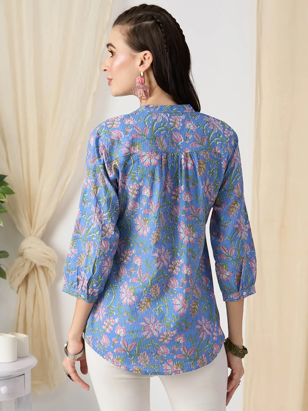 Exclusive Cotton Blue A-Line Tunic With Kantha work & Kalamkari Print For Women - ZOLA
