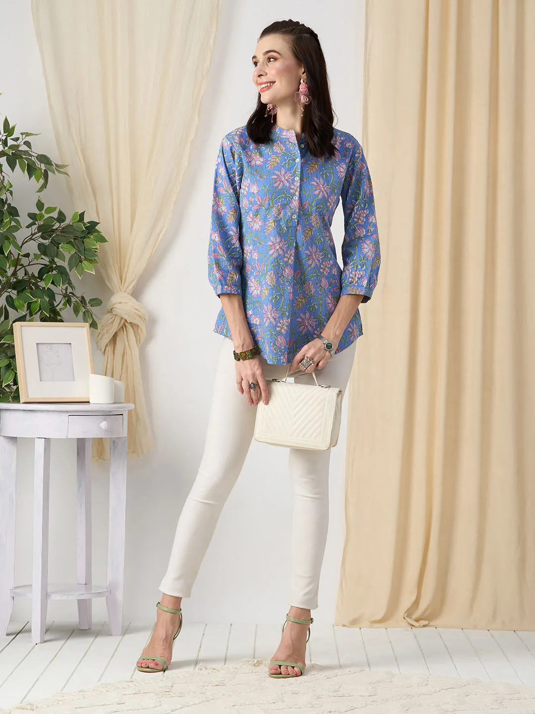 Exclusive Cotton Blue A-Line Tunic With Kantha work & Kalamkari Print For Women - ZOLA