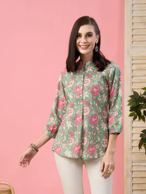 Exclusive Cotton Green A-Line Tunic With Kantha work & Floral Print For Women - ZOLA