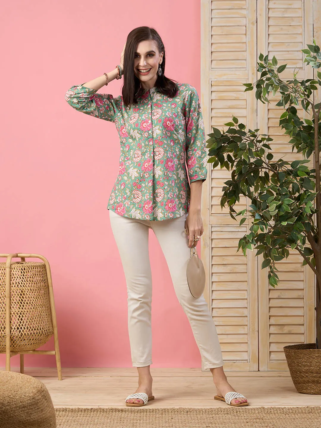 Exclusive Cotton Green A-Line Tunic With Kantha work & Floral Print For Women - ZOLA
