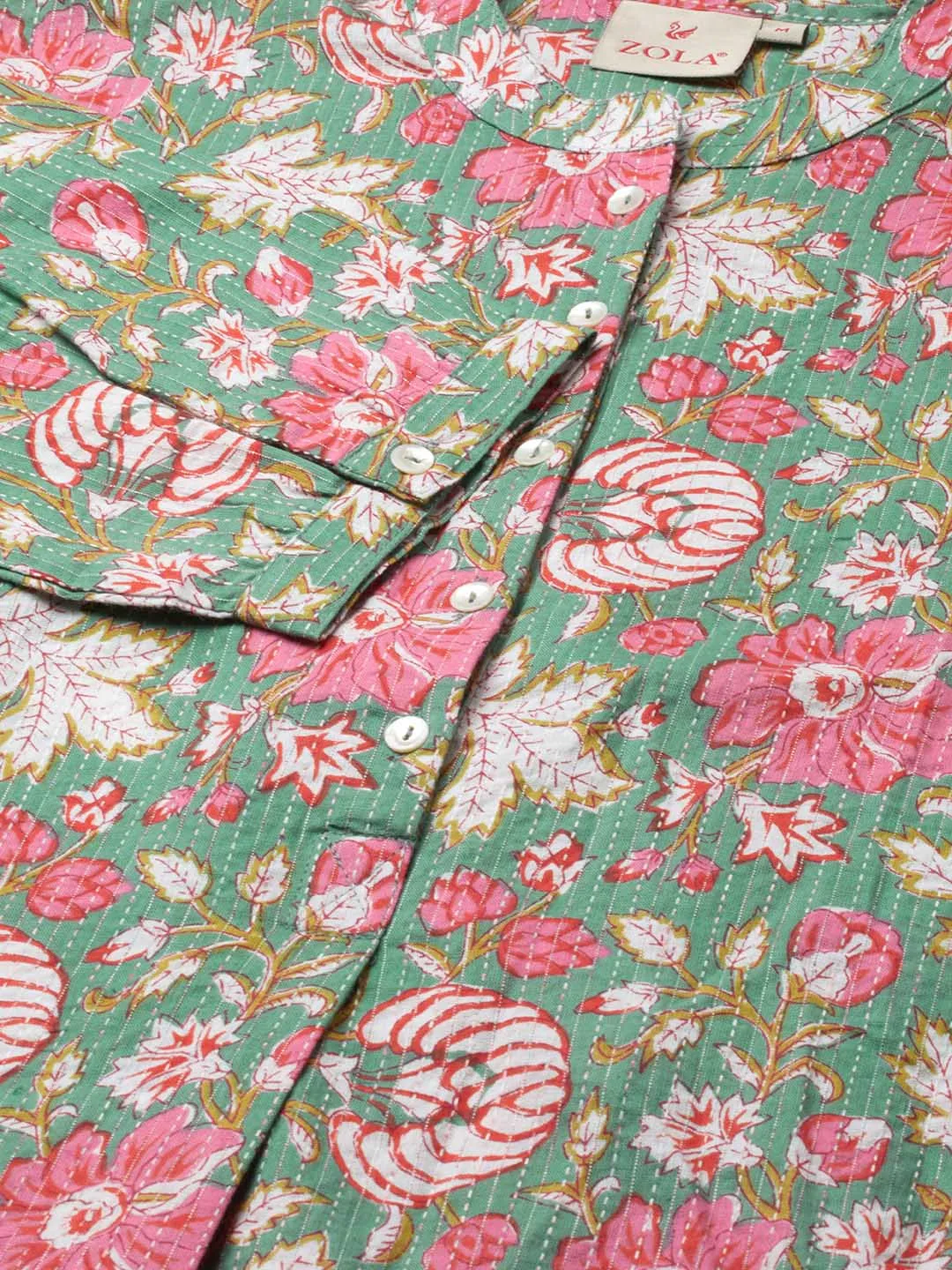 Exclusive Cotton Green A-Line Tunic With Kantha work & Floral Print For Women - ZOLA