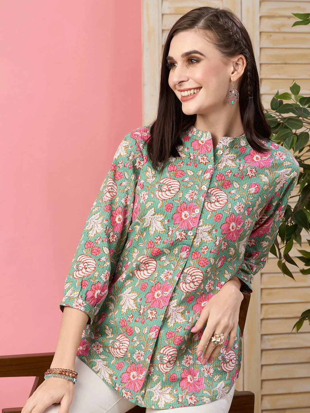Exclusive Cotton Green A-Line Tunic With Kantha work & Floral Print For Women - ZOLA