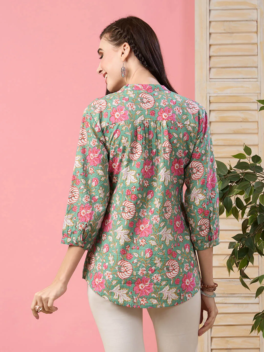 Exclusive Cotton Green A-Line Tunic With Kantha work & Floral Print For Women - ZOLA