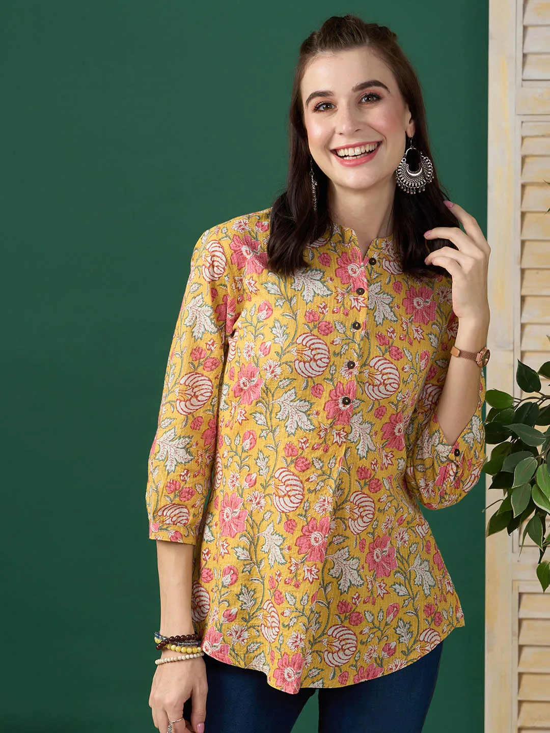 Exclusive Cotton Mustard A-line Tunic With Kantha work & Floral Print For Women -ZOLA