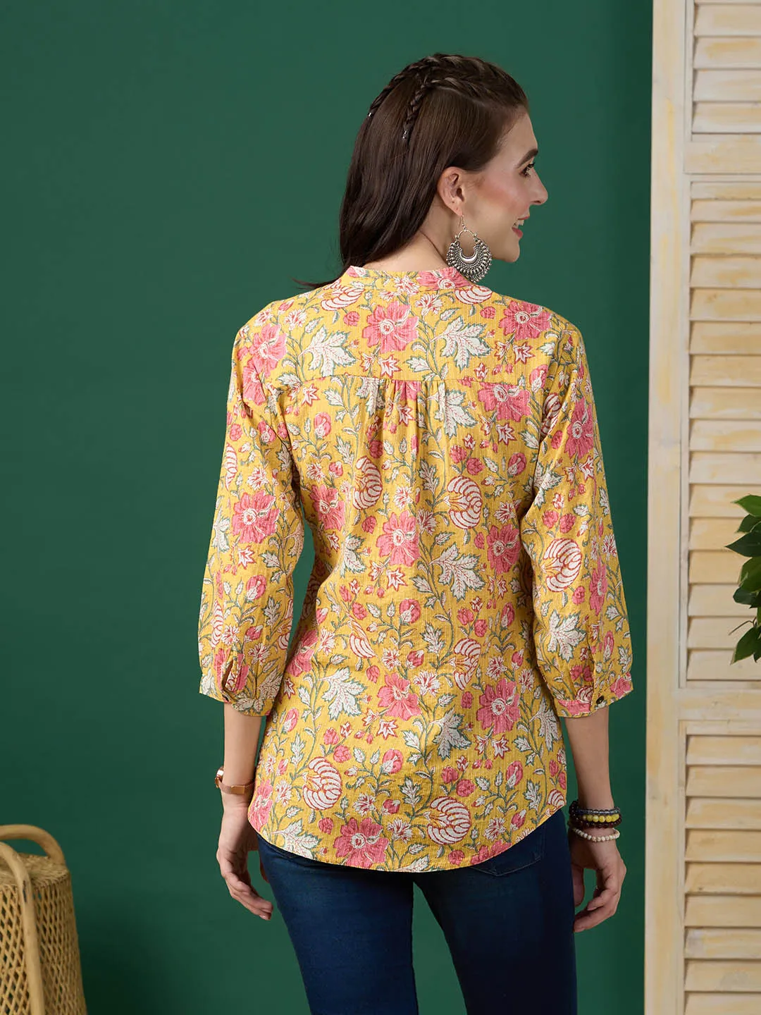 Exclusive Cotton Mustard A-line Tunic With Kantha work & Floral Print For Women -ZOLA
