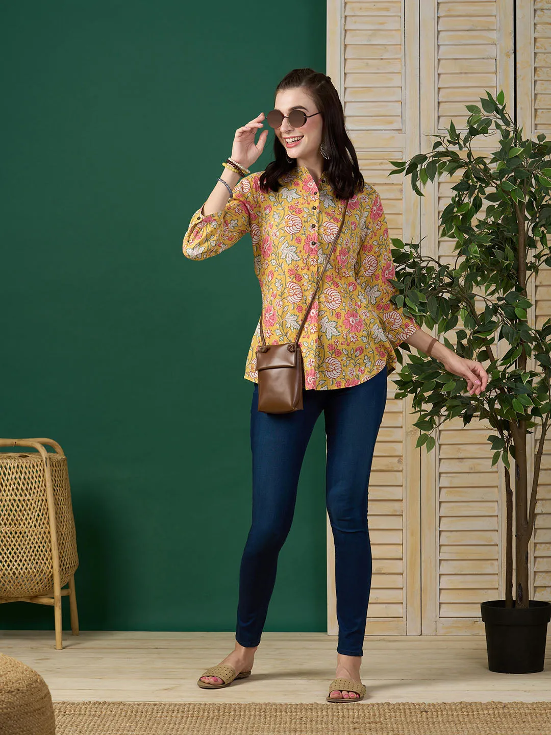 Exclusive Cotton Mustard A-line Tunic With Kantha work & Floral Print For Women -ZOLA