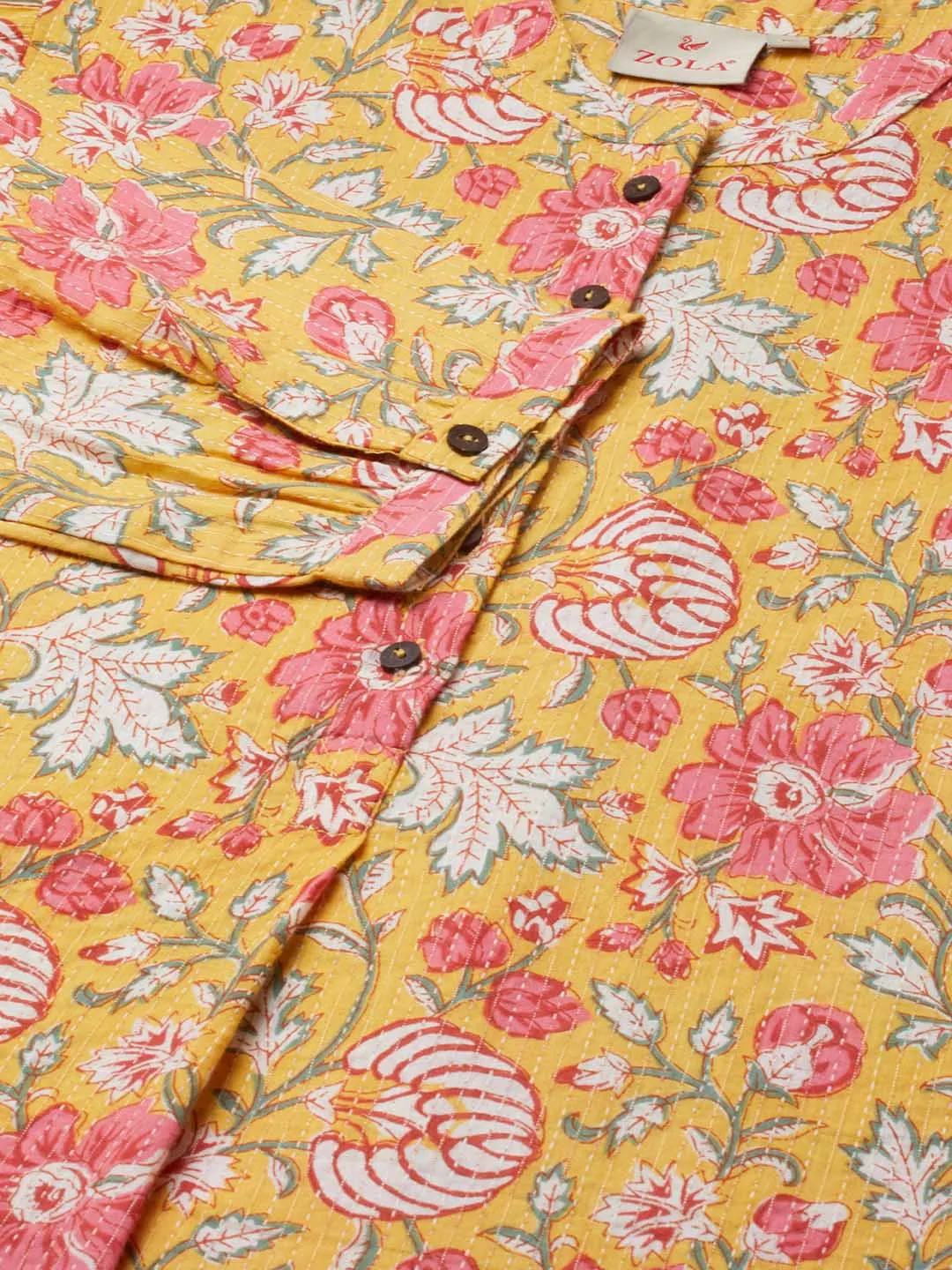 Exclusive Cotton Mustard A-line Tunic With Kantha work & Floral Print For Women -ZOLA
