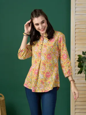 Exclusive Cotton Mustard A-line Tunic With Kantha work & Floral Print For Women -ZOLA