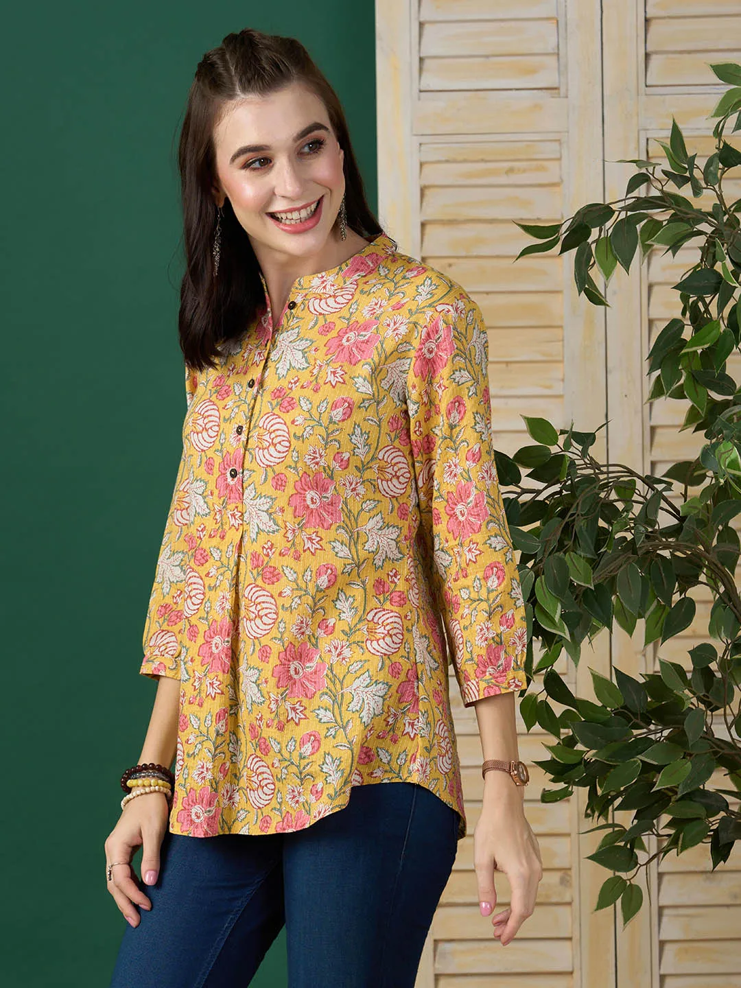 Exclusive Cotton Mustard A-line Tunic With Kantha work & Floral Print For Women -ZOLA