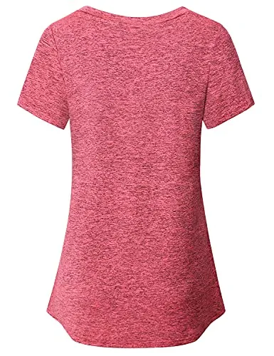 Fashion Tops for Women Dressy,Sports Workout Hiking Short Sleeve V Neck Active Shirts Soft Comfortable Tunics Training Weight Lifting Fitness Clothes Daily Leisure Wear Pink Large