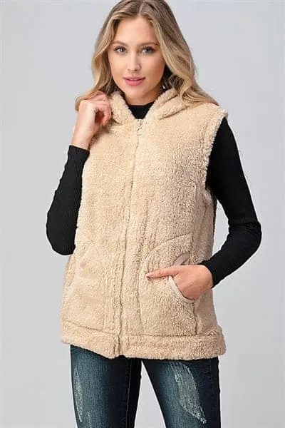 Faux Fur Teddy Bear Zip Up Hoodie Vest Cream - Pack of 6