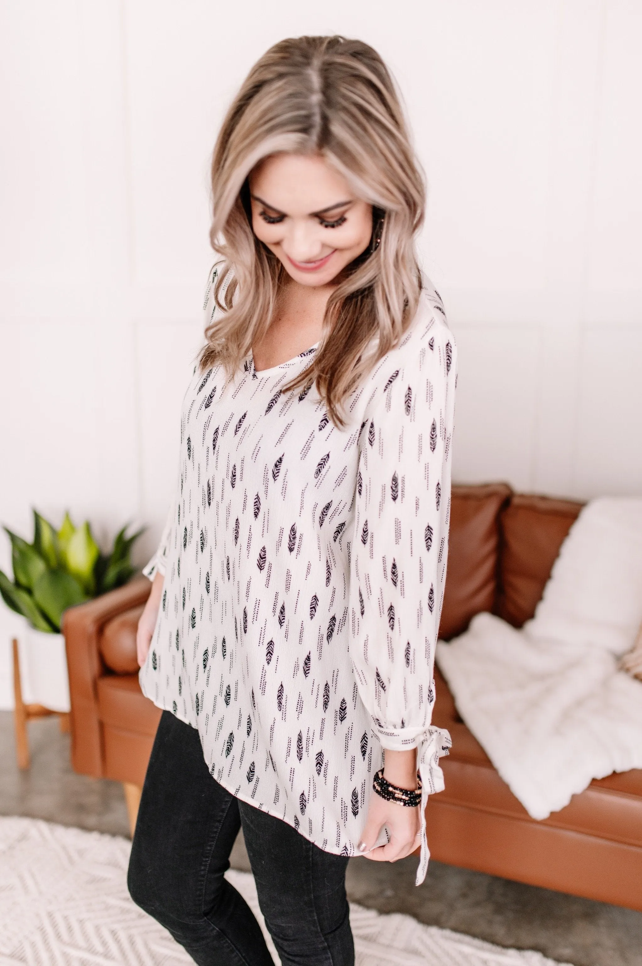 Feather Together Blouse In Ivory & Black