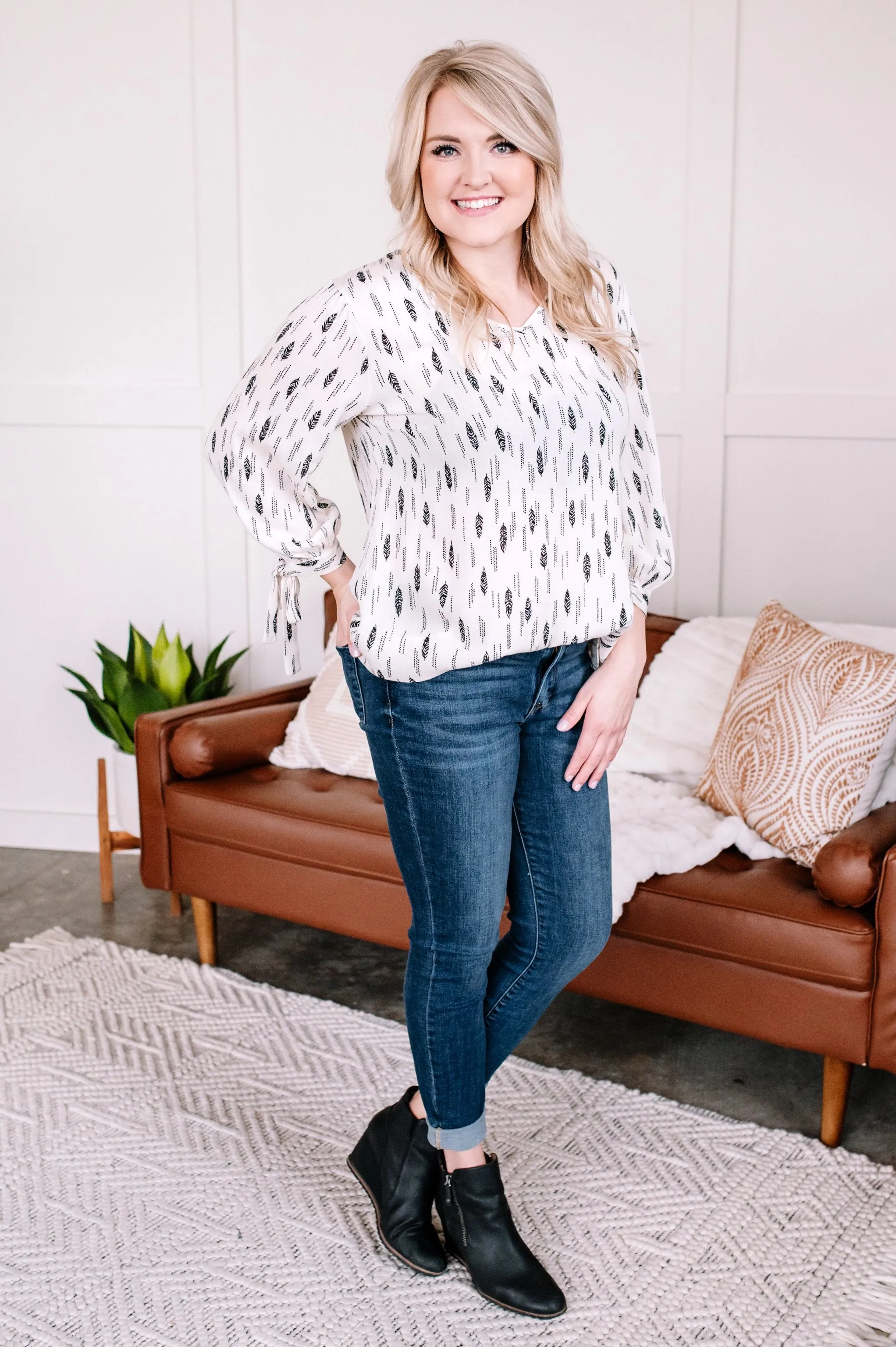 Feather Together Blouse In Ivory & Black