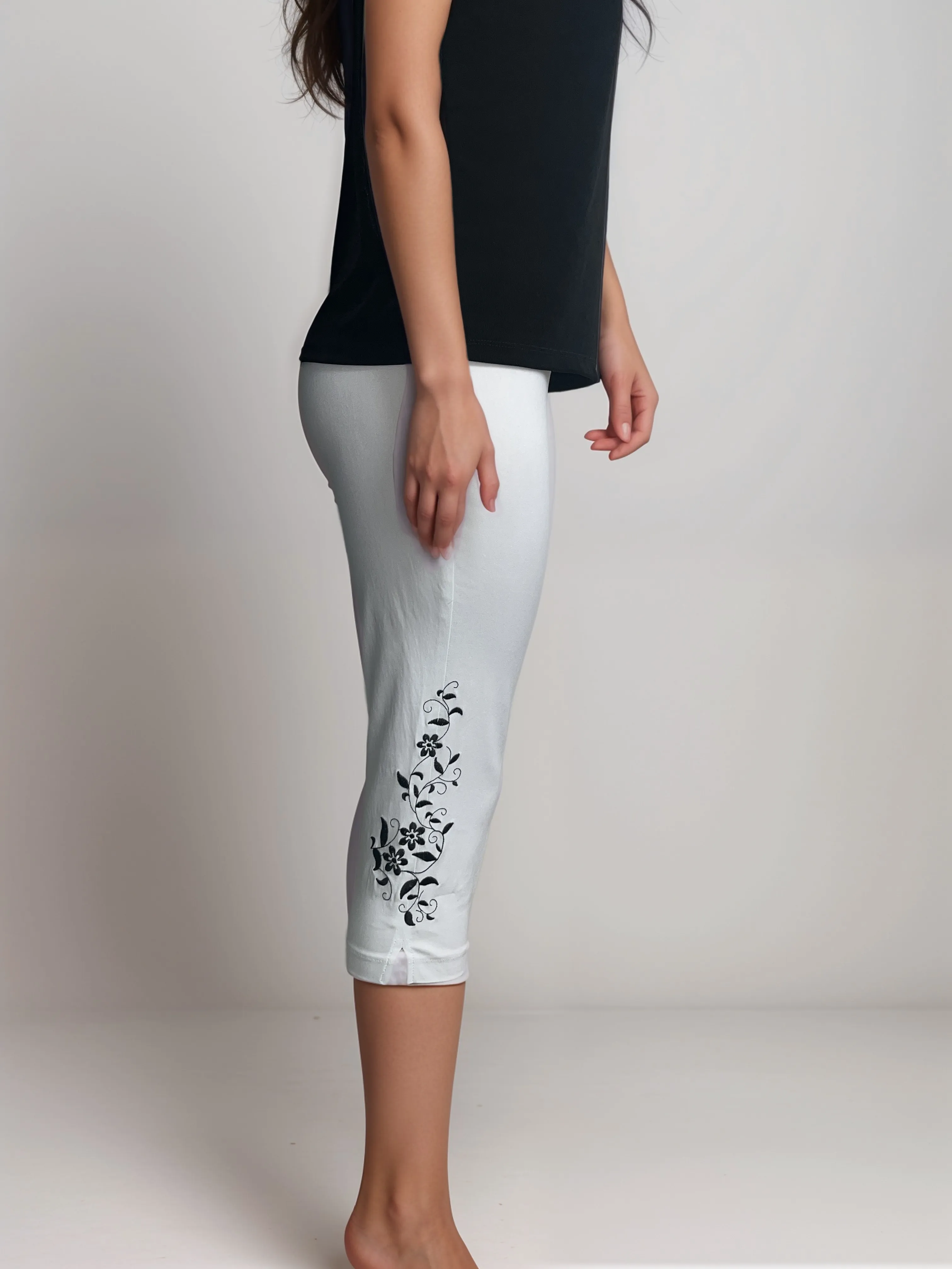 Floral Embroidered White Capri