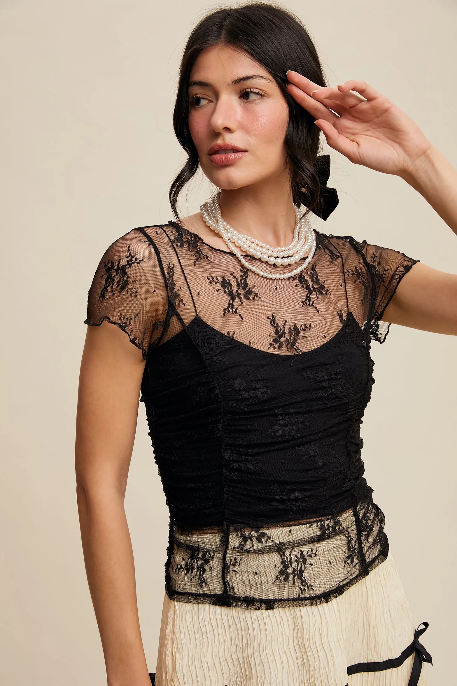 Floral Mesh Ruched Short Sleeve