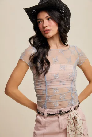 Floral Mesh Ruched Short Sleeve