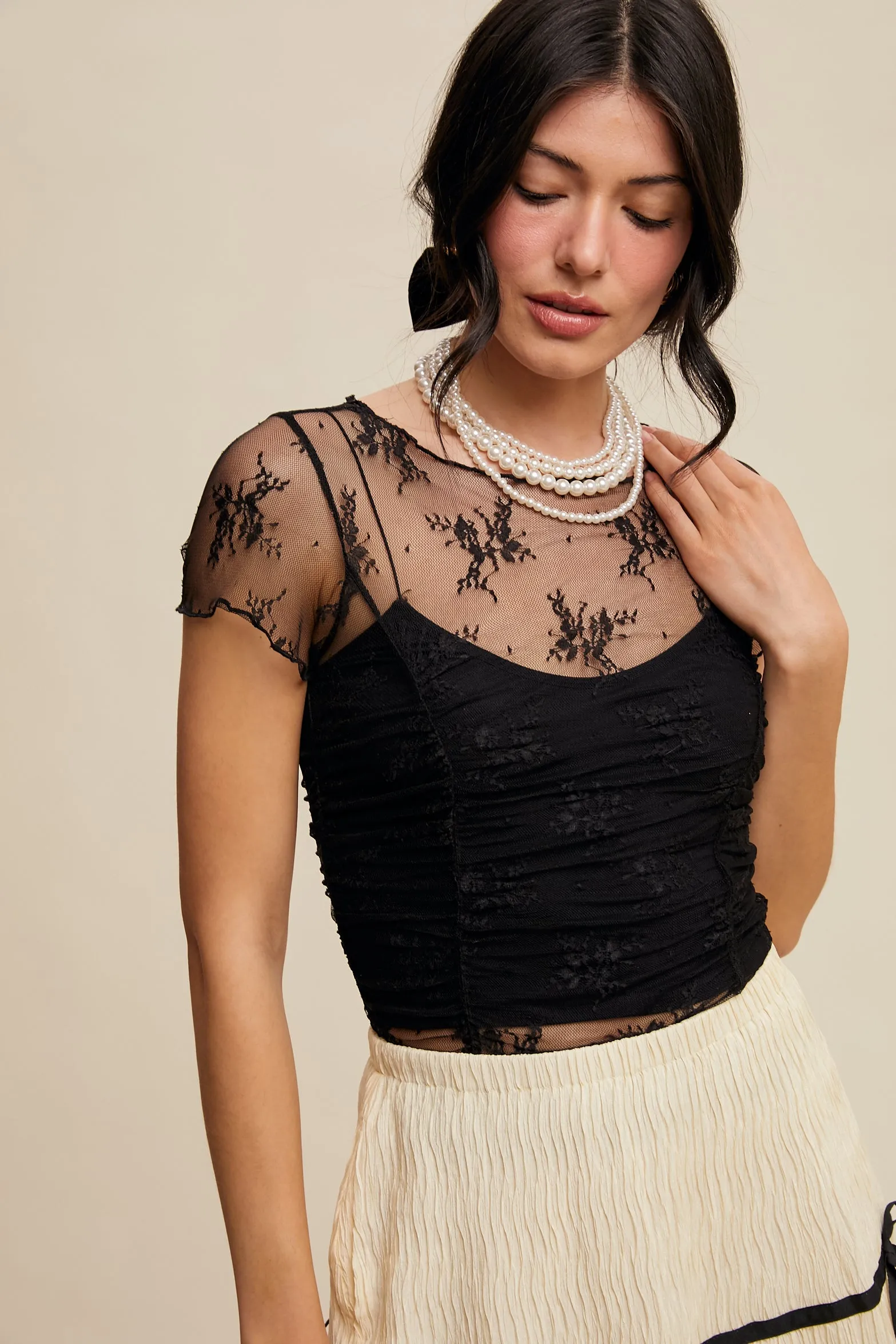 Floral Mesh Ruched Short Sleeve