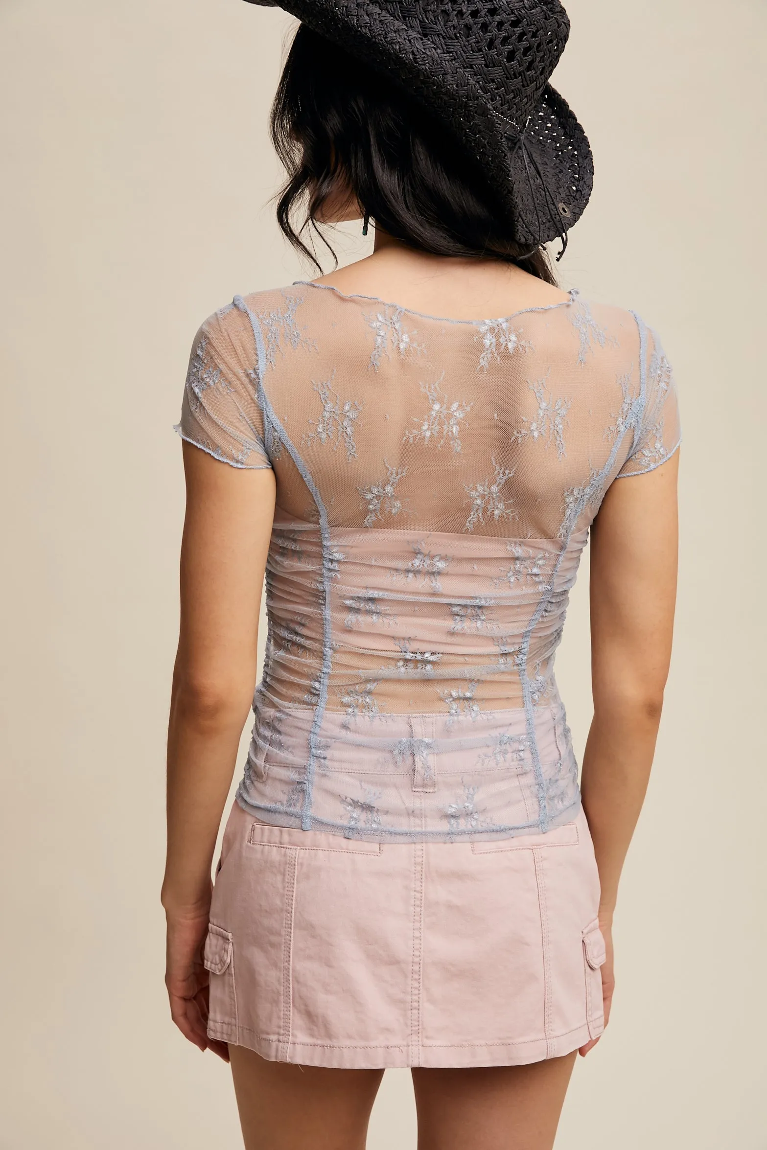 Floral Mesh Ruched Short Sleeve