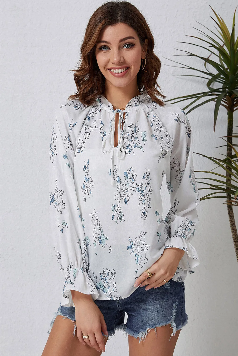 Floral Tie Neck Crinkle Blouse