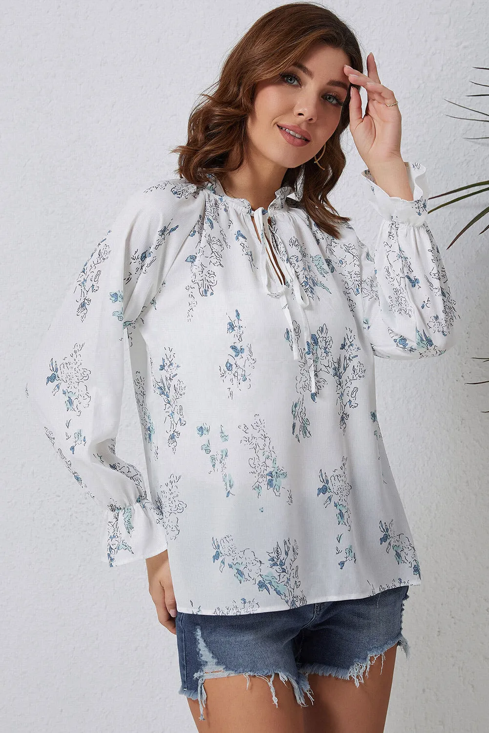 Floral Tie Neck Crinkle Blouse