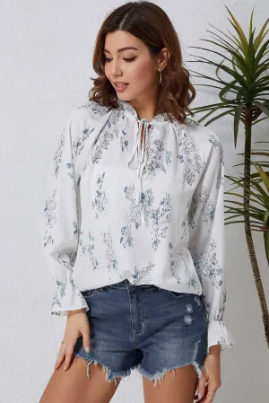 Floral Tie Neck Crinkle Blouse
