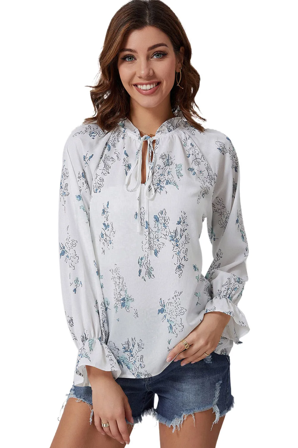 Floral Tie Neck Crinkle Blouse