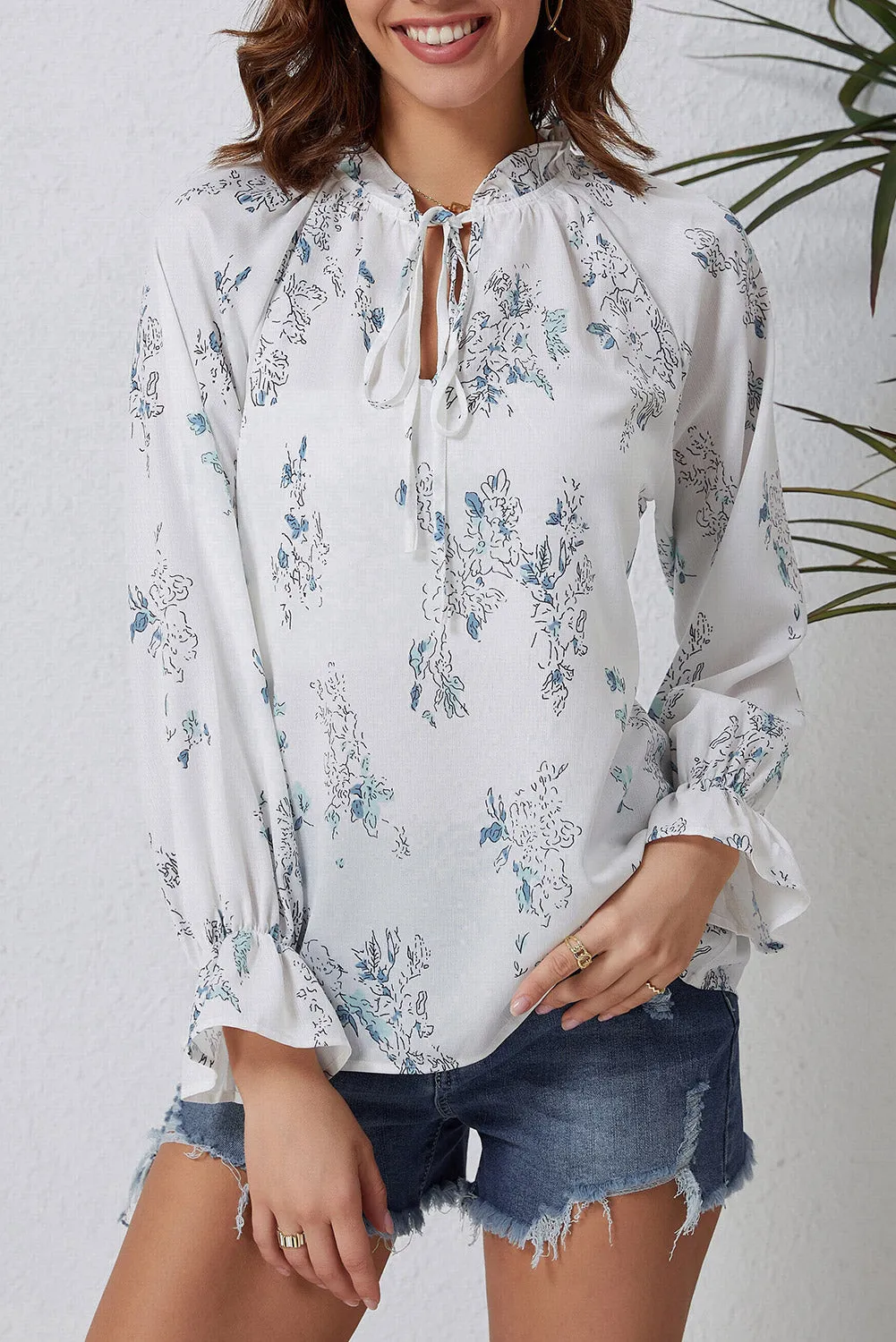 Floral Tie Neck Crinkle Blouse