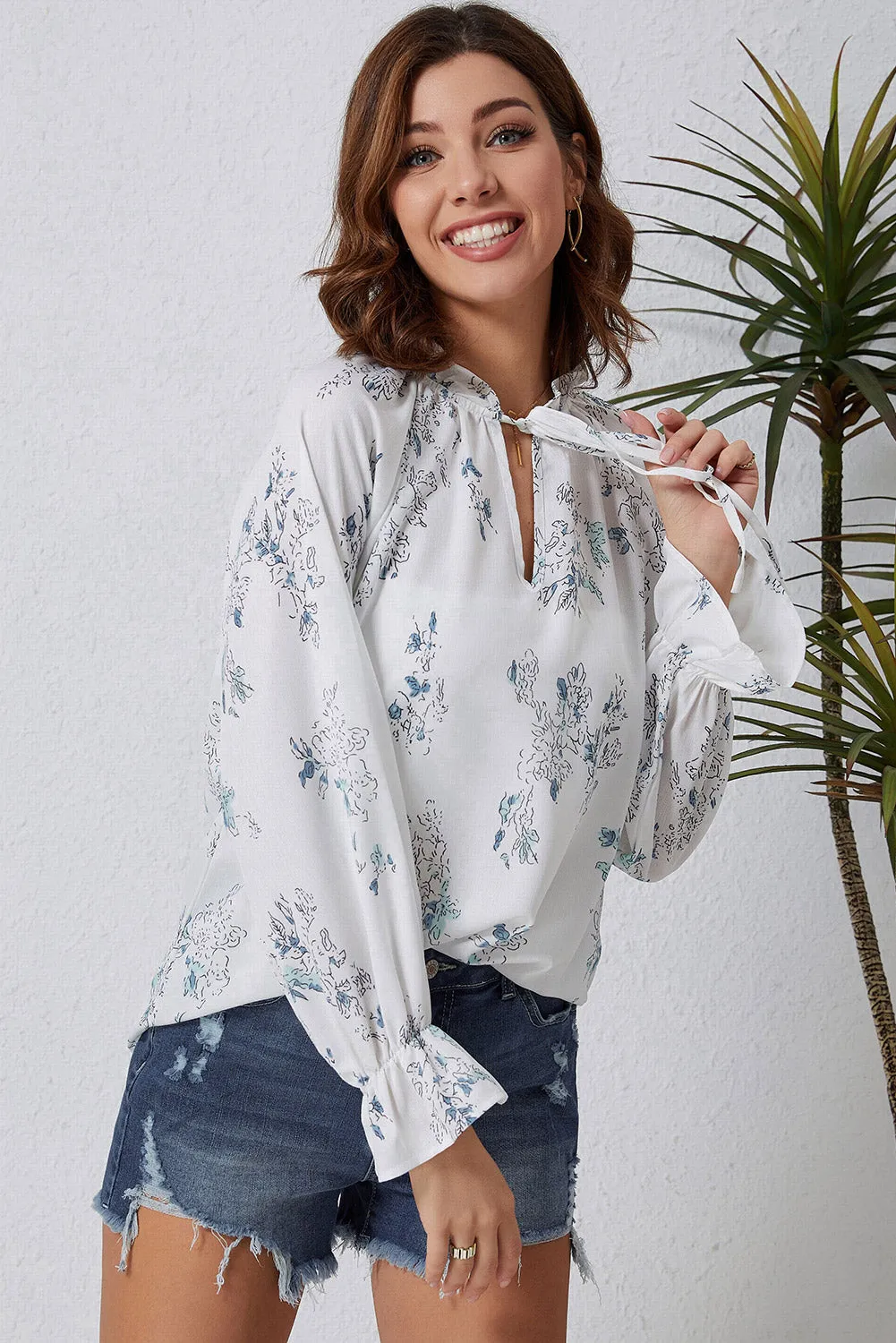 Floral Tie Neck Crinkle Blouse