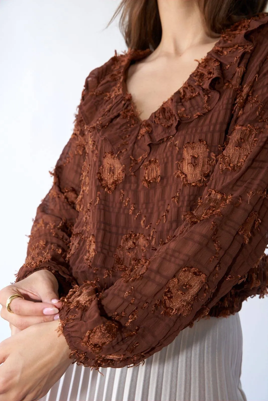 Flower Applique Long Sleeve Sage   Fig Blouse: Brown