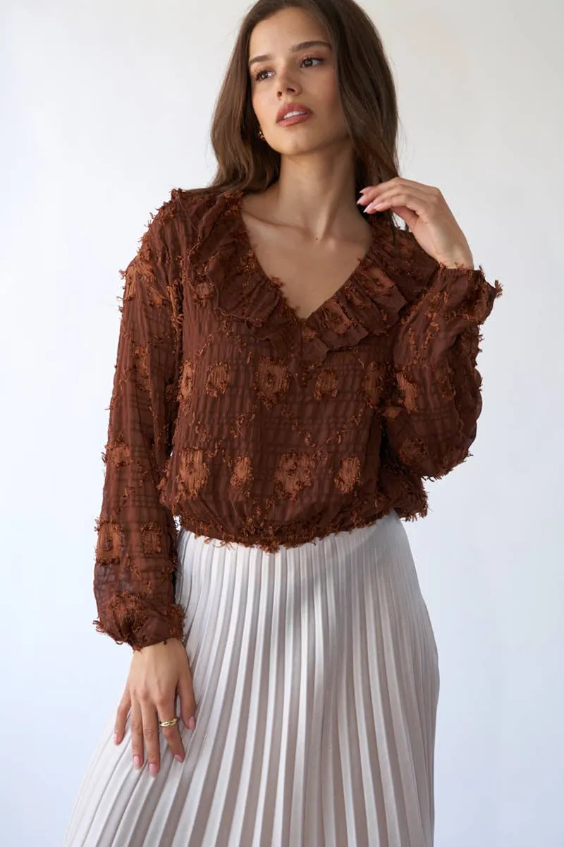 Flower Applique Long Sleeve Sage   Fig Blouse: Brown