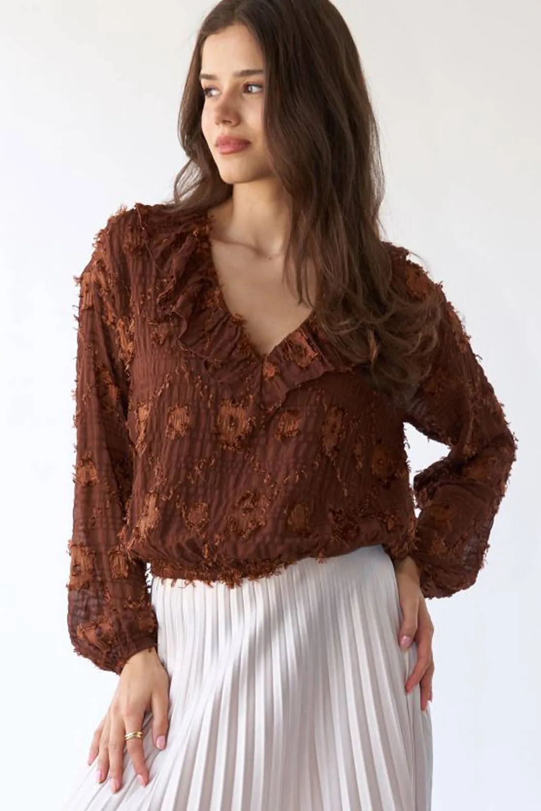 Flower Applique Long Sleeve Sage   Fig Blouse: Brown