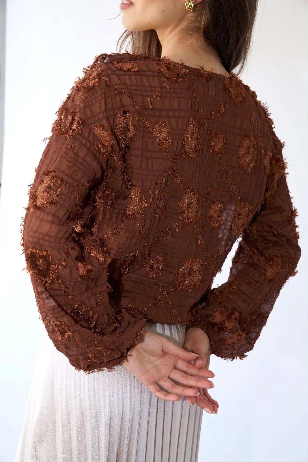 Flower Applique Long Sleeve Sage   Fig Blouse: Brown