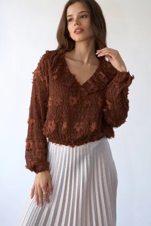 Flower Applique Long Sleeve Sage   Fig Blouse: Brown