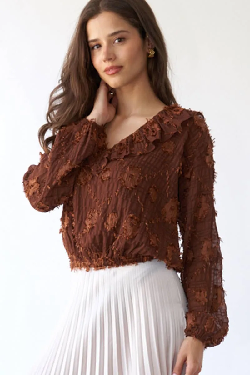 Flower Applique Long Sleeve Sage   Fig Blouse: Brown