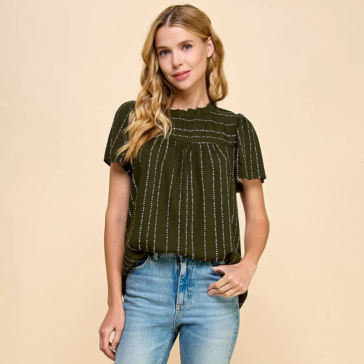 Flutter Sleeve Ruched Neck Printed Top