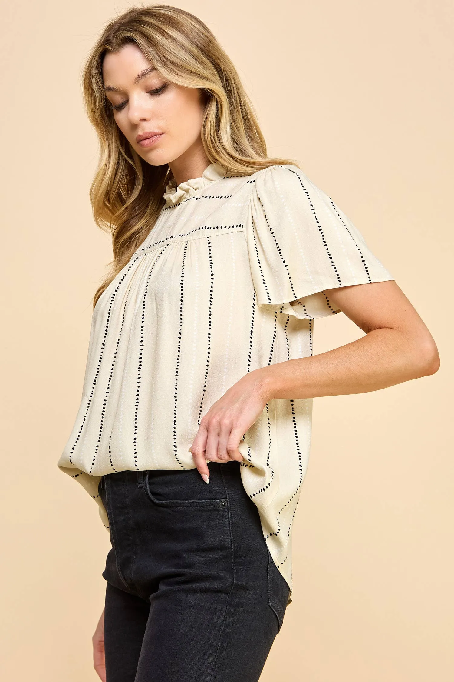 Flutter Sleeve Ruched Neck Printed Top