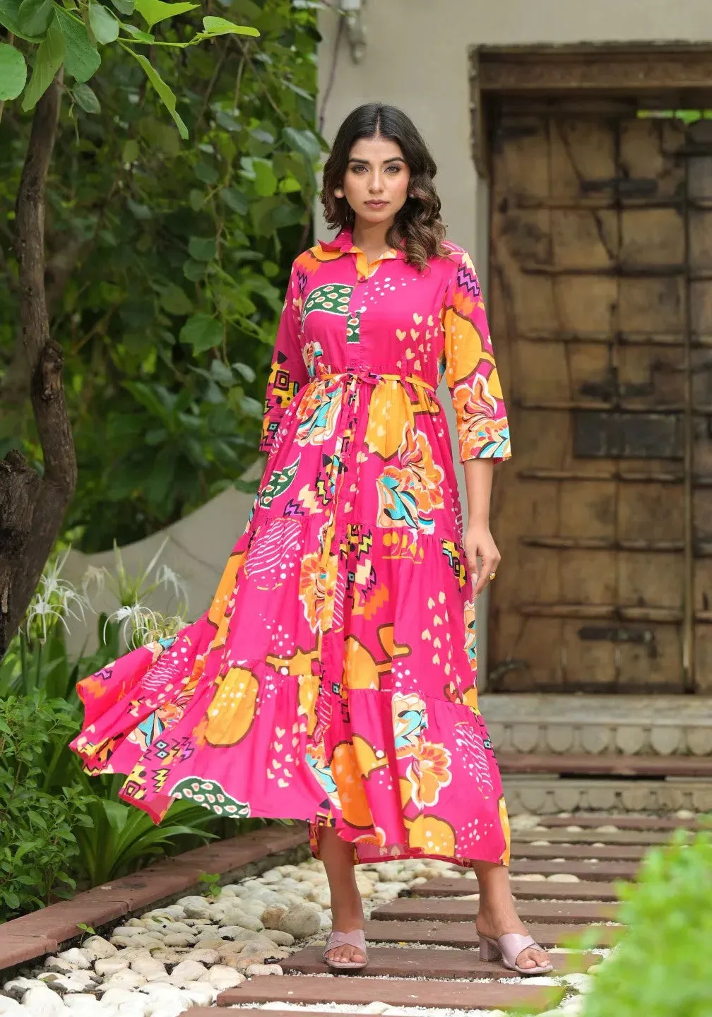 Fuchsia Geometric Printed Cambric Dress With Buttons & Doris On Waist-J4907OT8FUCHSIA