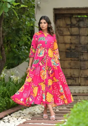 Fuchsia Geometric Printed Cambric Dress With Buttons & Doris On Waist-J4907OT8FUCHSIA