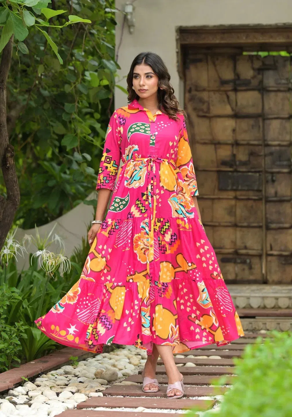 Fuchsia Geometric Printed Cambric Dress With Buttons & Doris On Waist-J4907OT8FUCHSIA