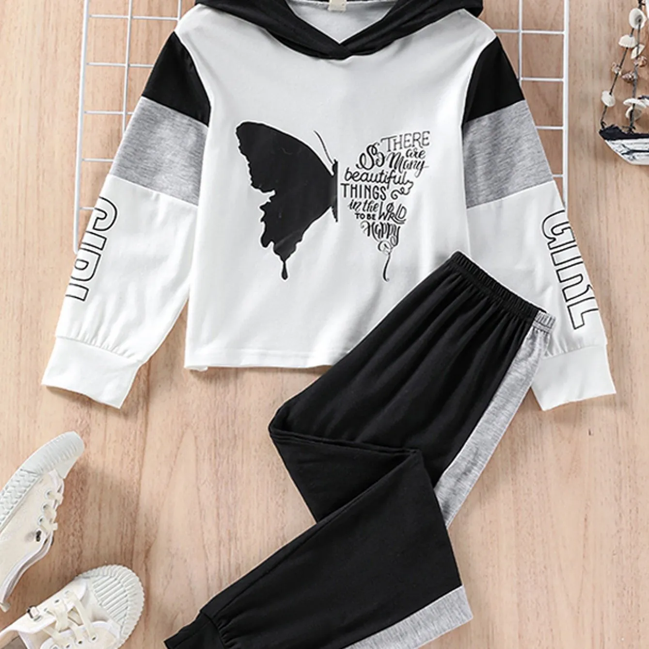 Girls' Butterfly Printed Hoodie & Pants Set