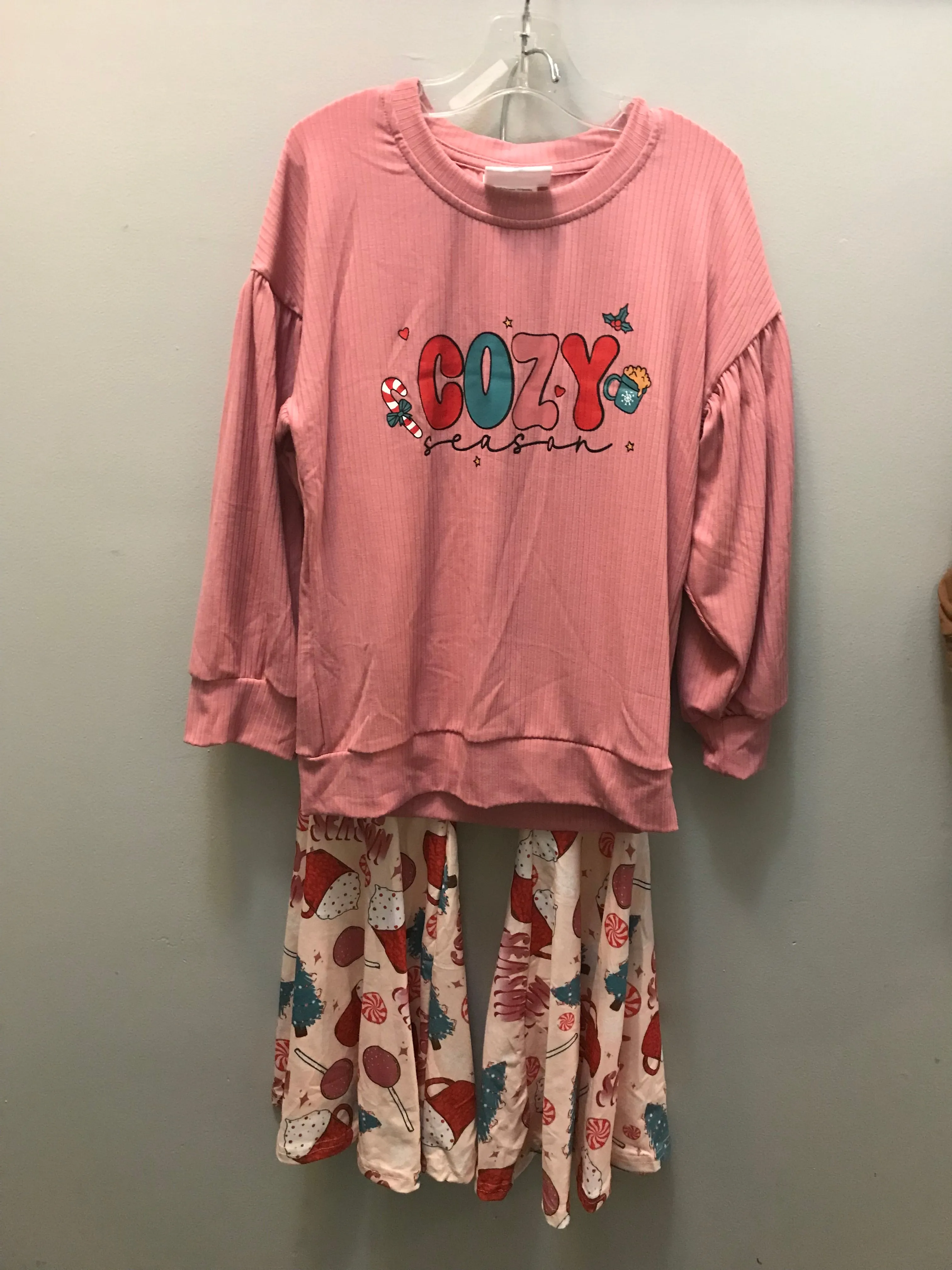 Girls Pink Pant Set "Cozy Season" w Decorative Flared Pants