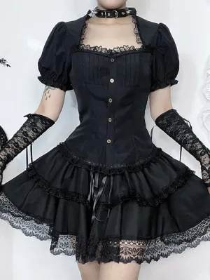 Gothic Lolita Blouses Black Lolita Top Short Sleeves Lace Ruffles Lolita Shirt