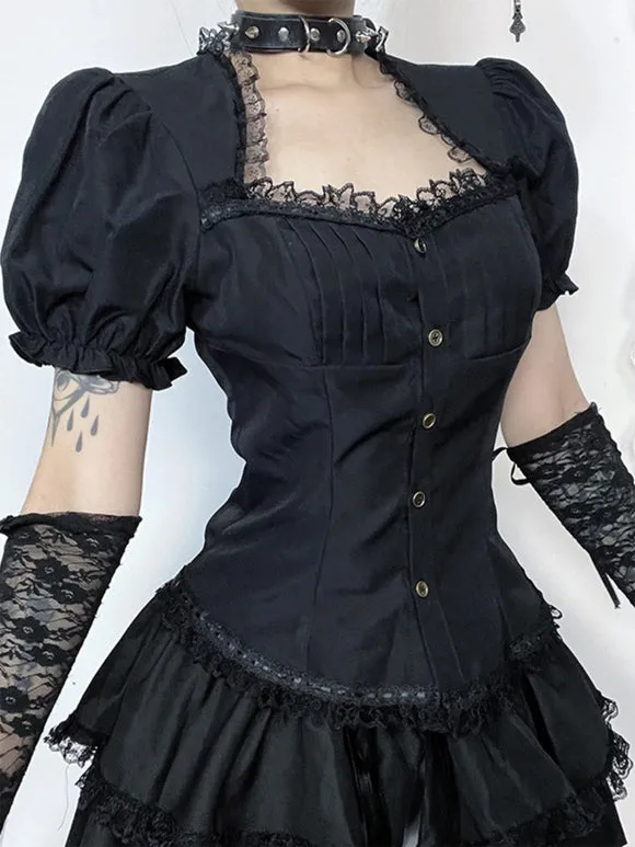 Gothic Lolita Blouses Black Lolita Top Short Sleeves Lace Ruffles Lolita Shirt
