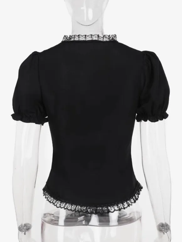 Gothic Lolita Blouses Black Lolita Top Short Sleeves Lace Ruffles Lolita Shirt