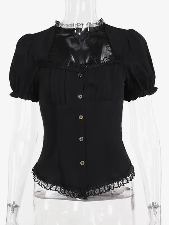Gothic Lolita Blouses Black Lolita Top Short Sleeves Lace Ruffles Lolita Shirt